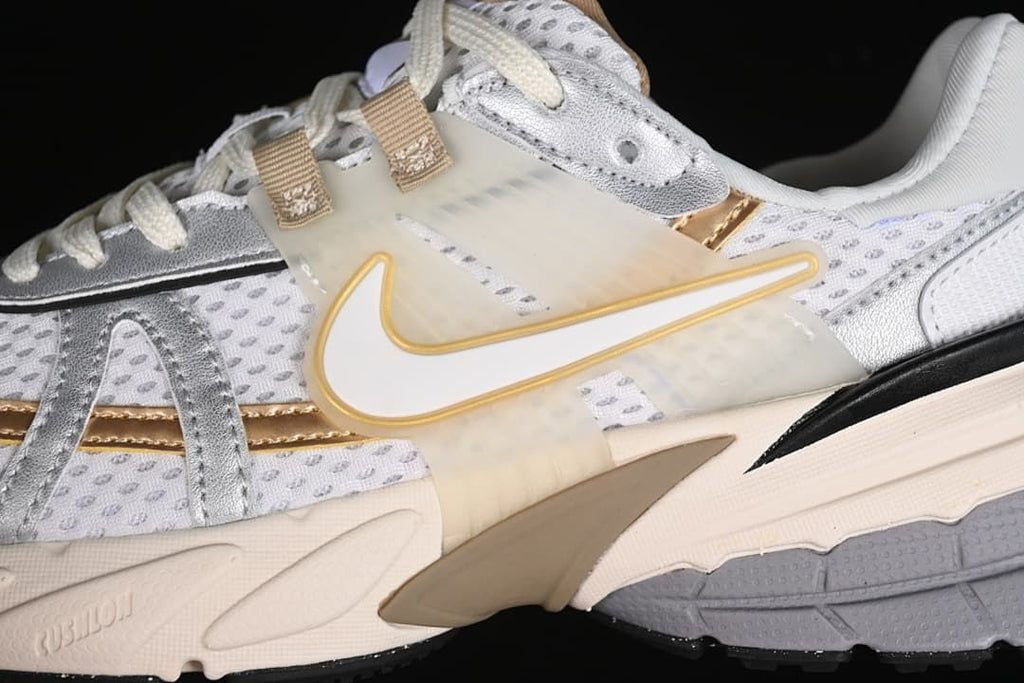Close-up of the side Swoosh, layered panels and sculpted midsole.