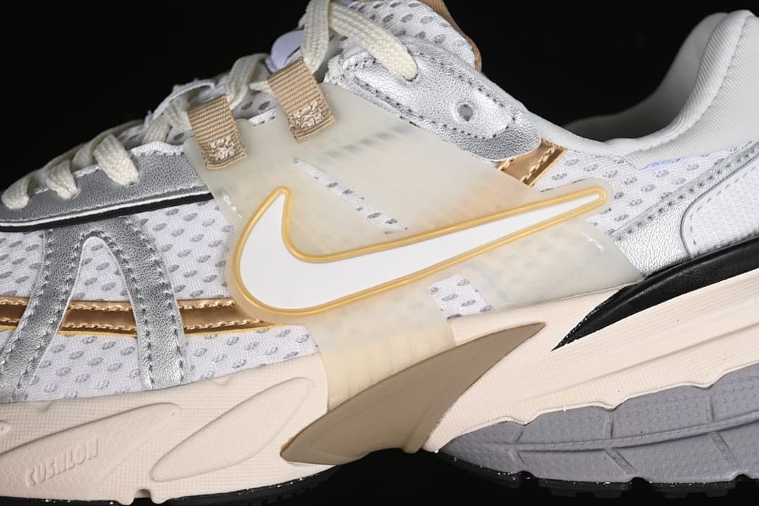 Close-up of the side Swoosh, layered panels and sculpted midsole.