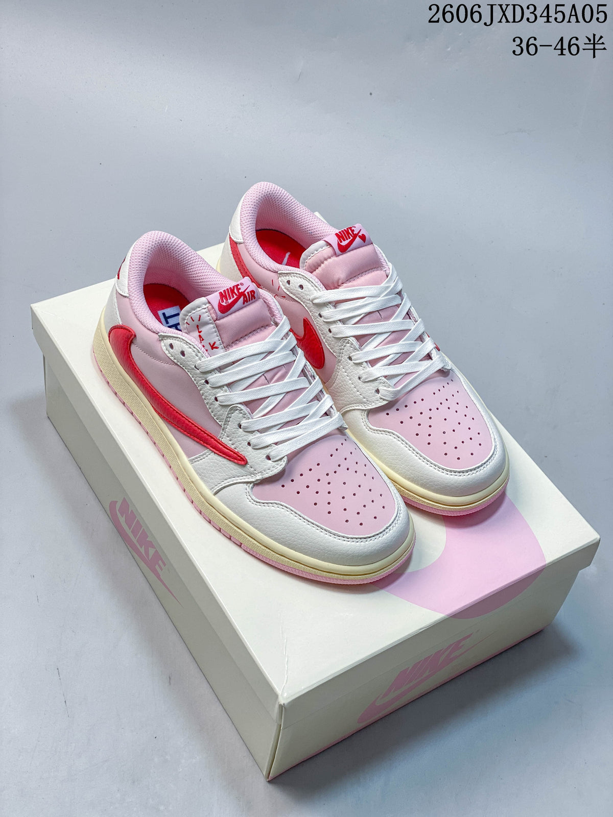 Pair of white and pale pink low-top sneakers with bright pink side overlays, photographed on a shoe box.