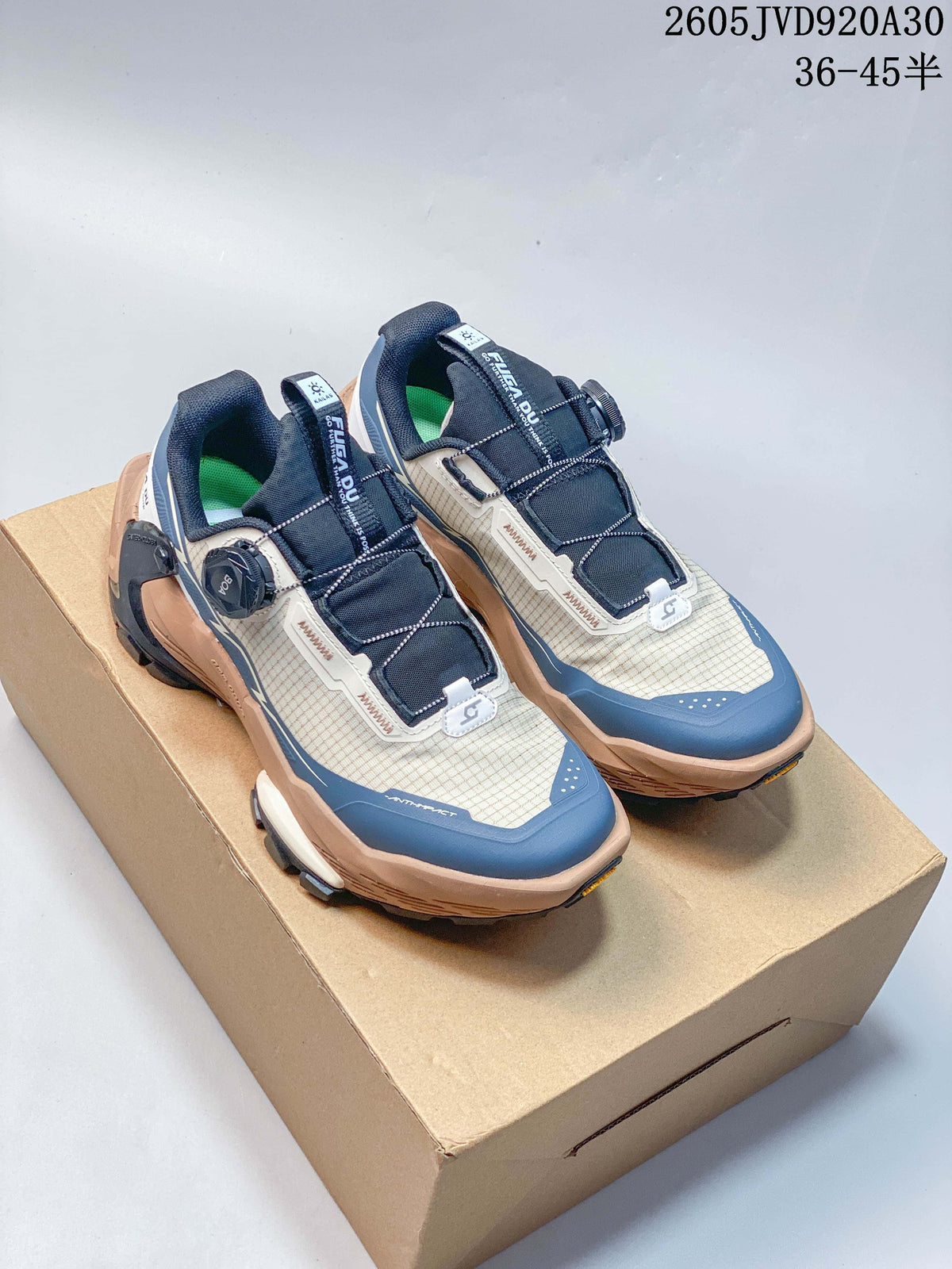 Pair of cream, blue, and tan Kailas FUGA DU2 BOA trail shoes with dial closures