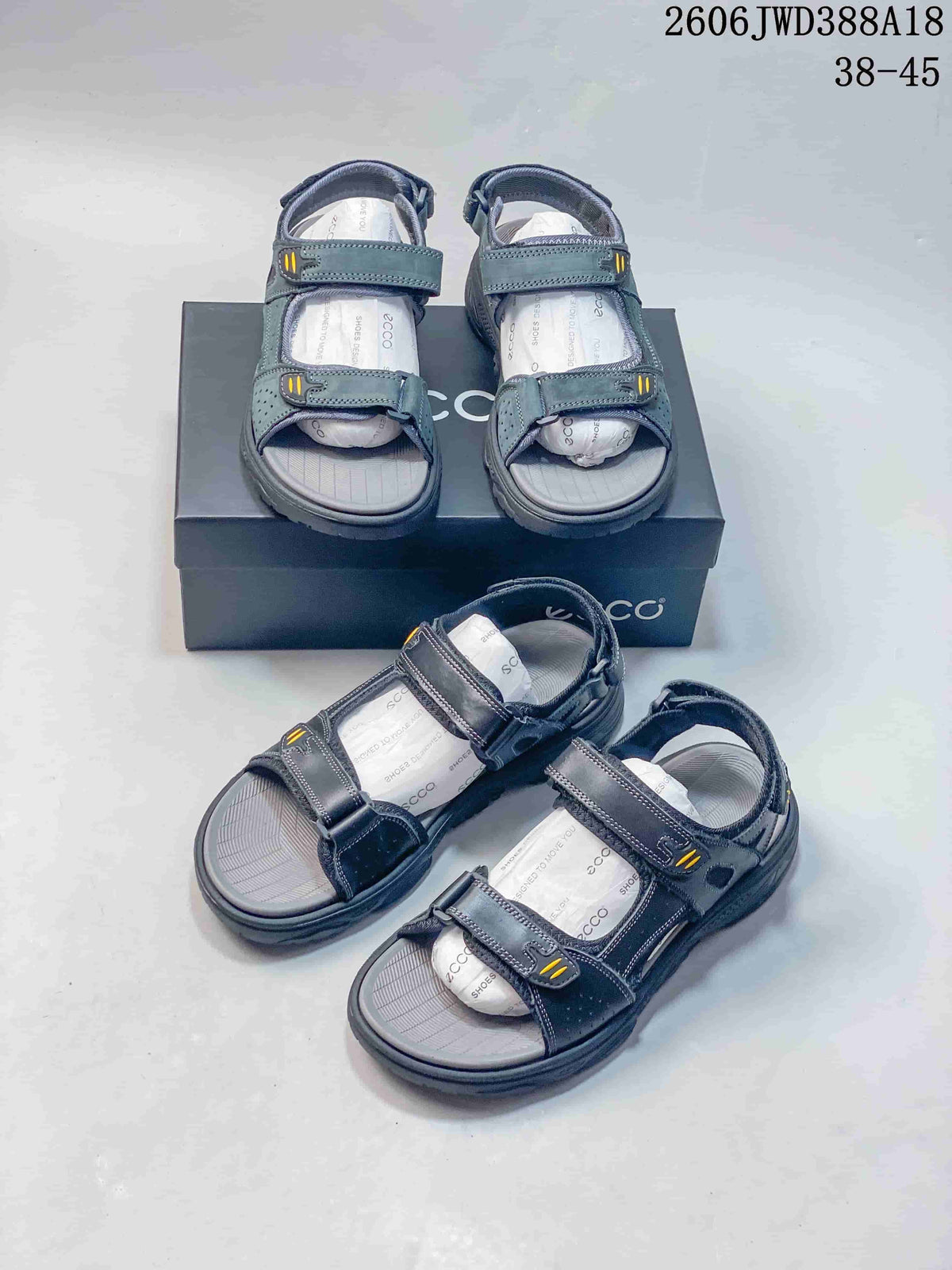 Several views of gray open-toe sandals with adjustable straps.