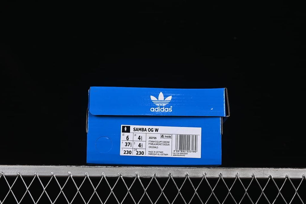 Blue adidas shoe box with a visible Samba OG W label and sample size information