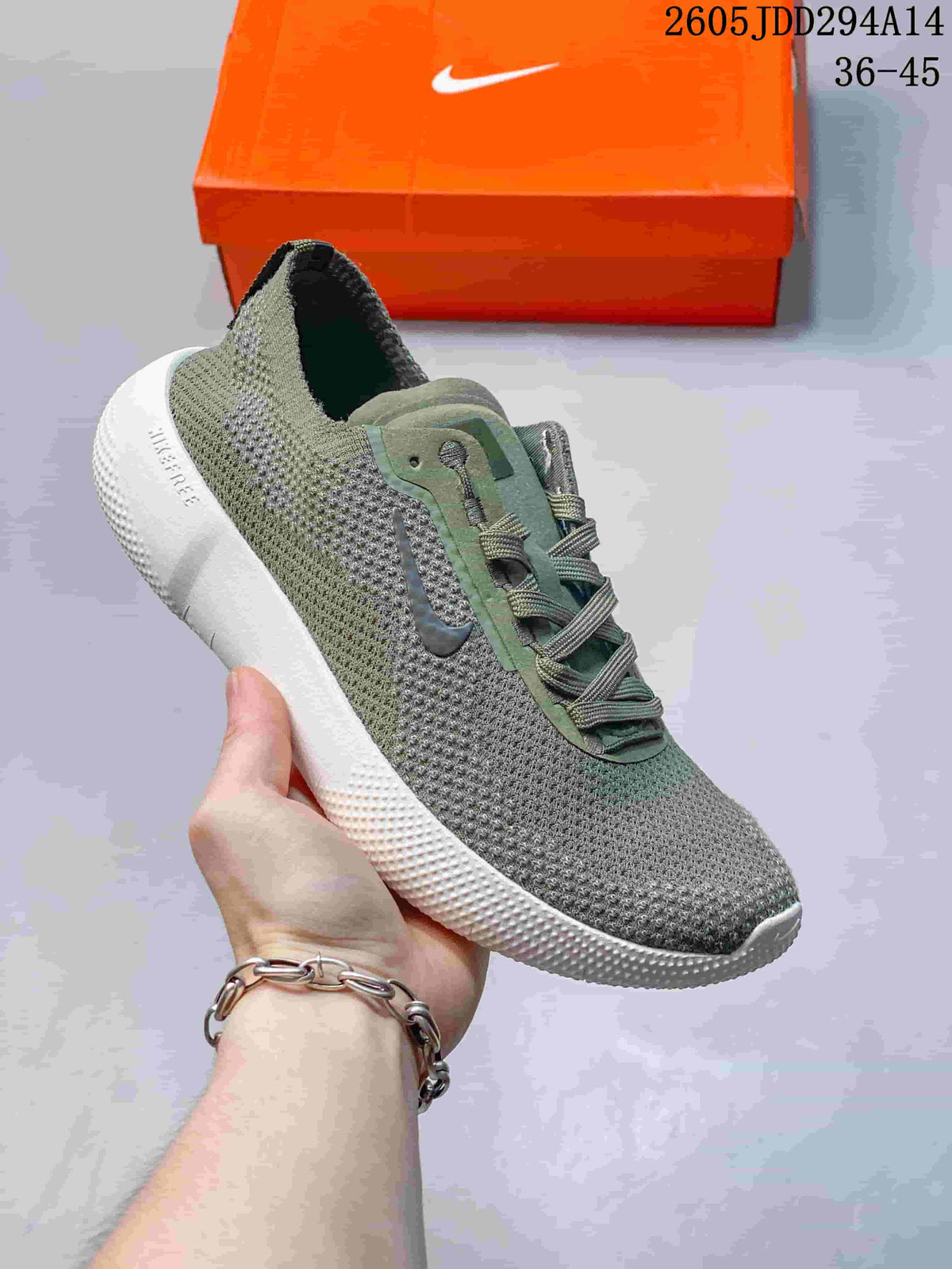 Gray and olive Nike Free low-top sneaker with a white sole.