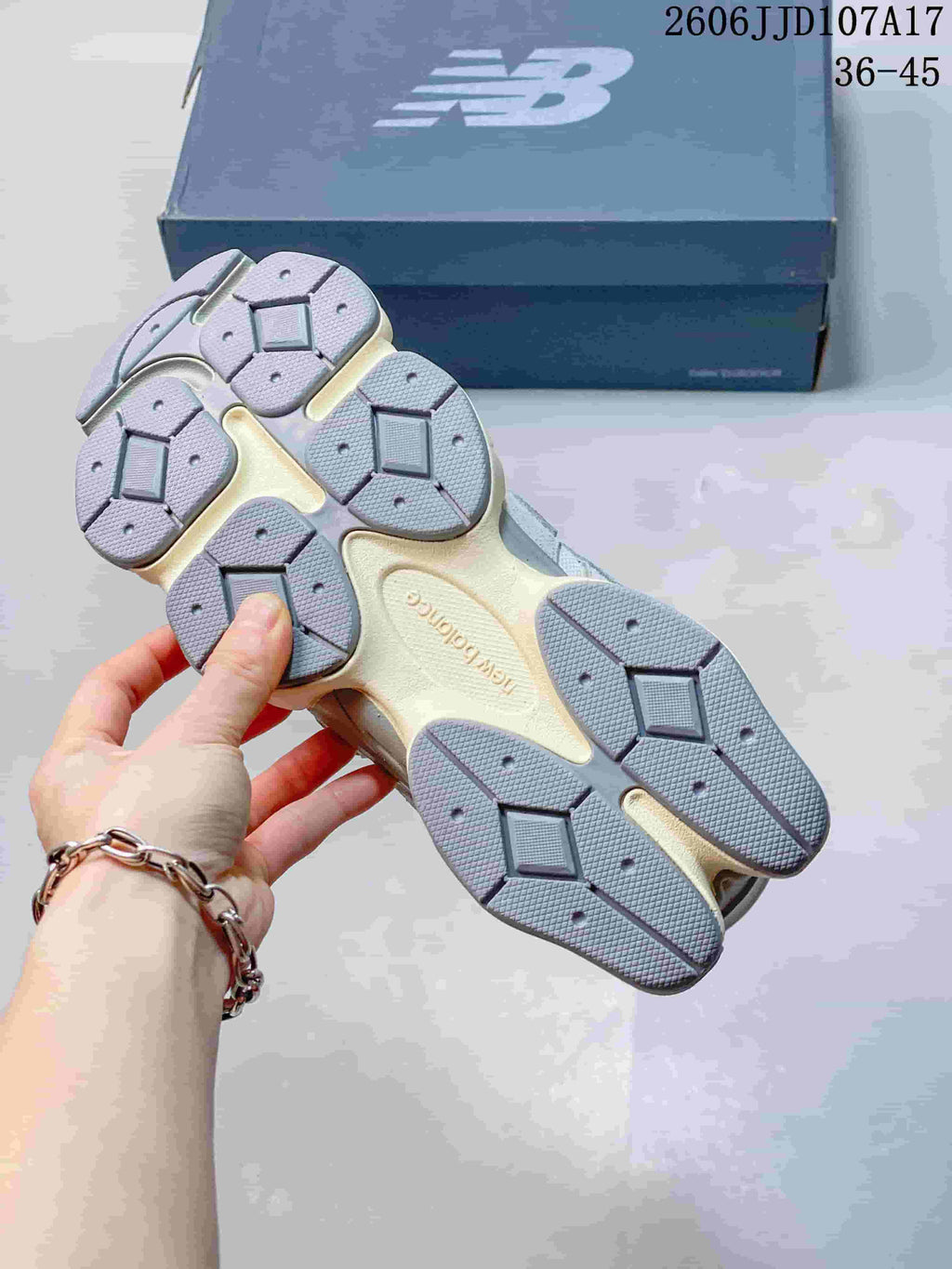 Close-up of the outsole of a New Balance 9060 sneaker