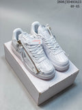 Pair of white low-top Nike Air Force 1 '07 style sneakers with side zipper details