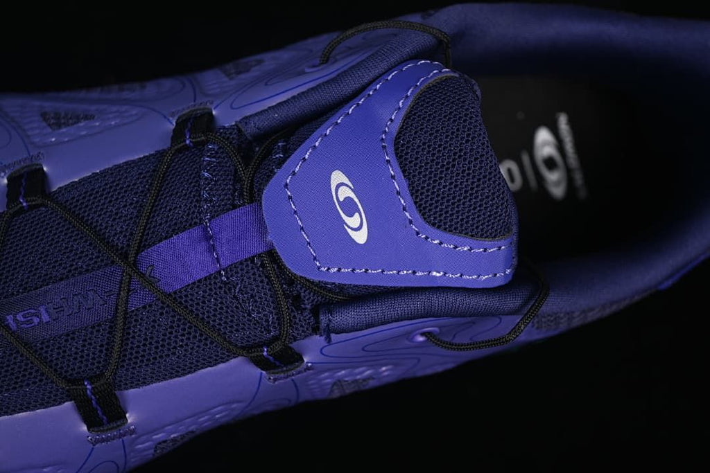 Close-up of the tongue and cord-style lacing system.