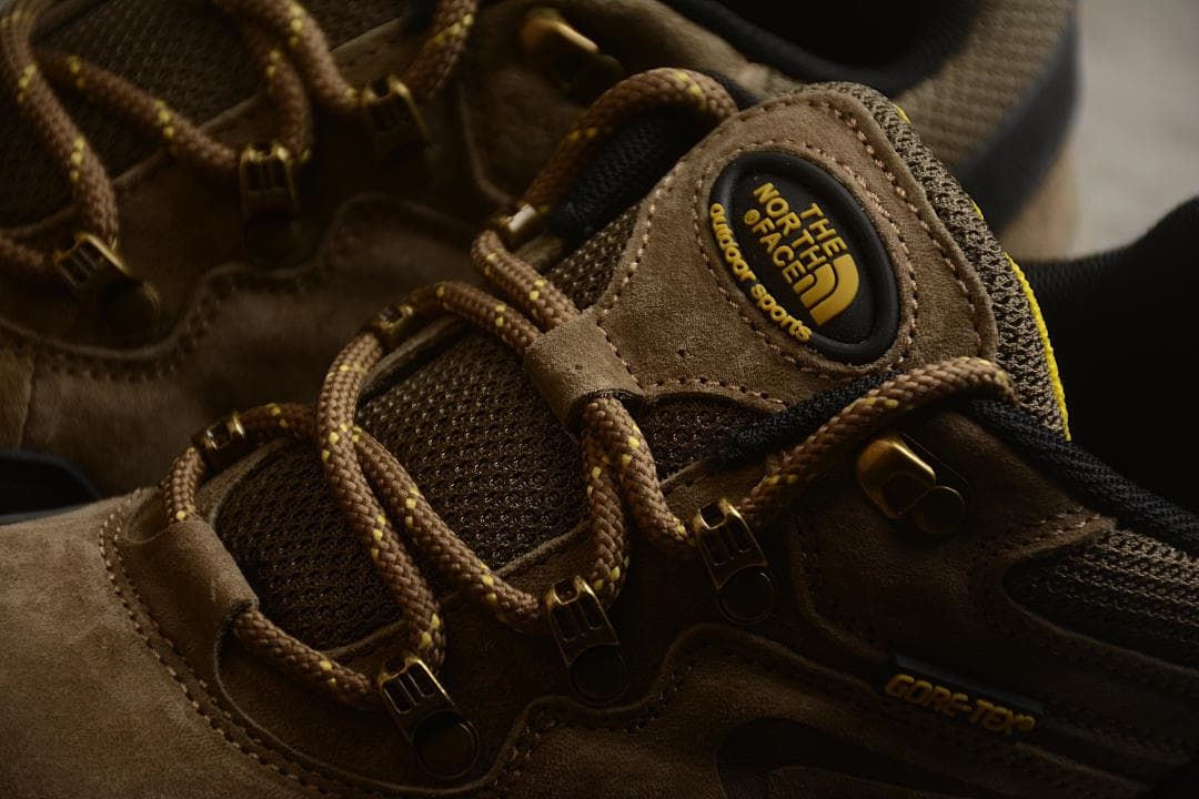 Close-up of the laces, lace hardware, tongue badge, and side lettering