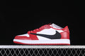 Side view of a red, white, and black Air Jordan 1 Low sneaker