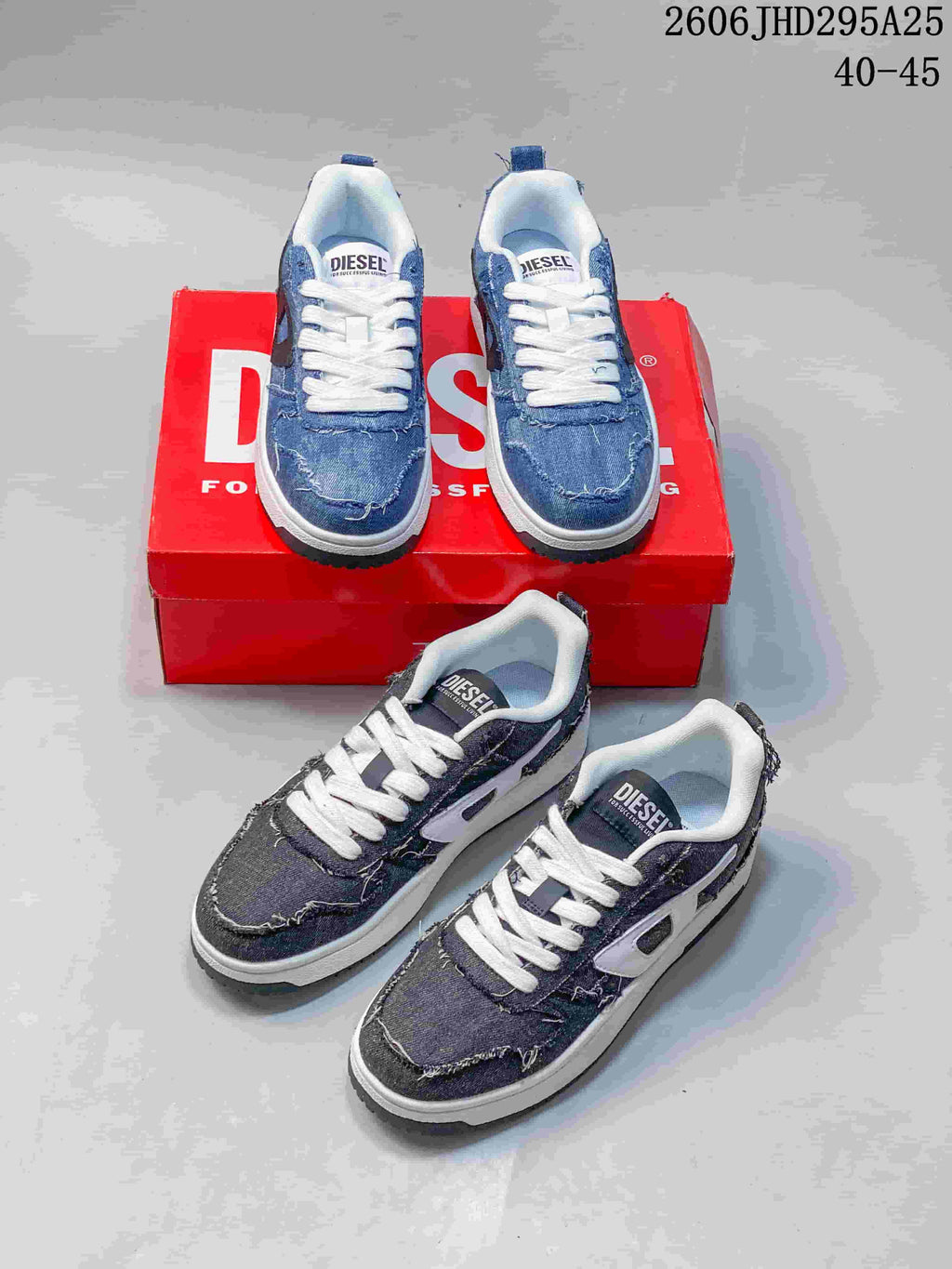 Blue and dark charcoal distressed denim-style low-top sneakers shown together