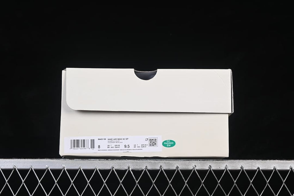 Shoebox label identifying the Nike Air Max 95 SP and showing a photographed size of US 8, EU 41.