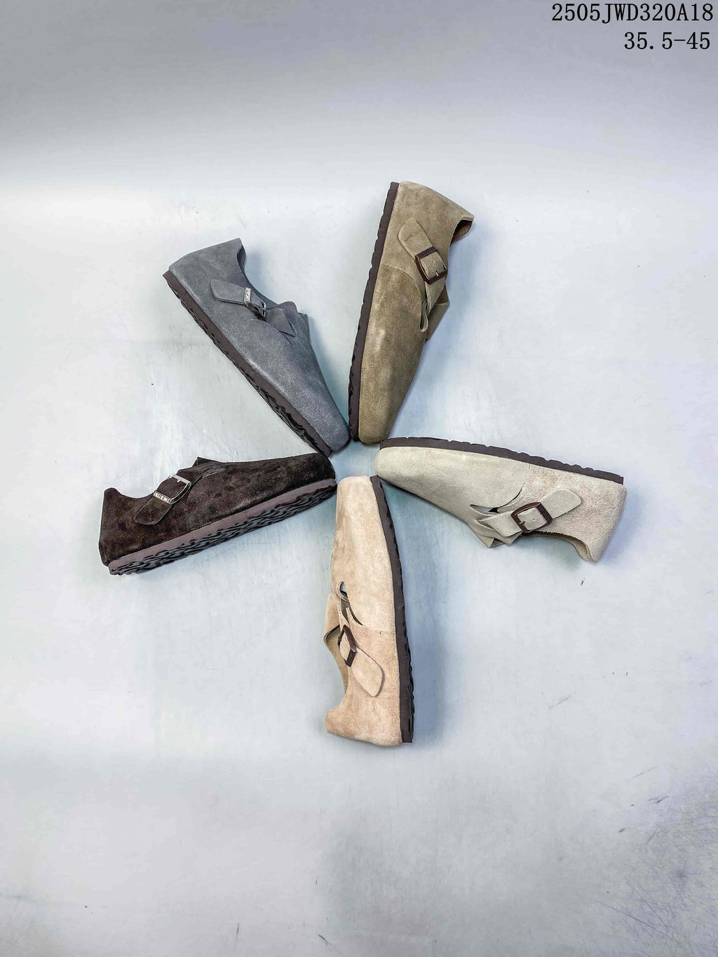 Five closed-toe clogs in different neutral colors arranged in a circle.