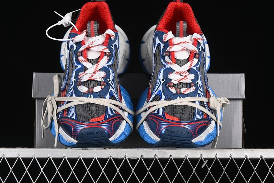 Front view of the pair showing the red, blue, grey and white design