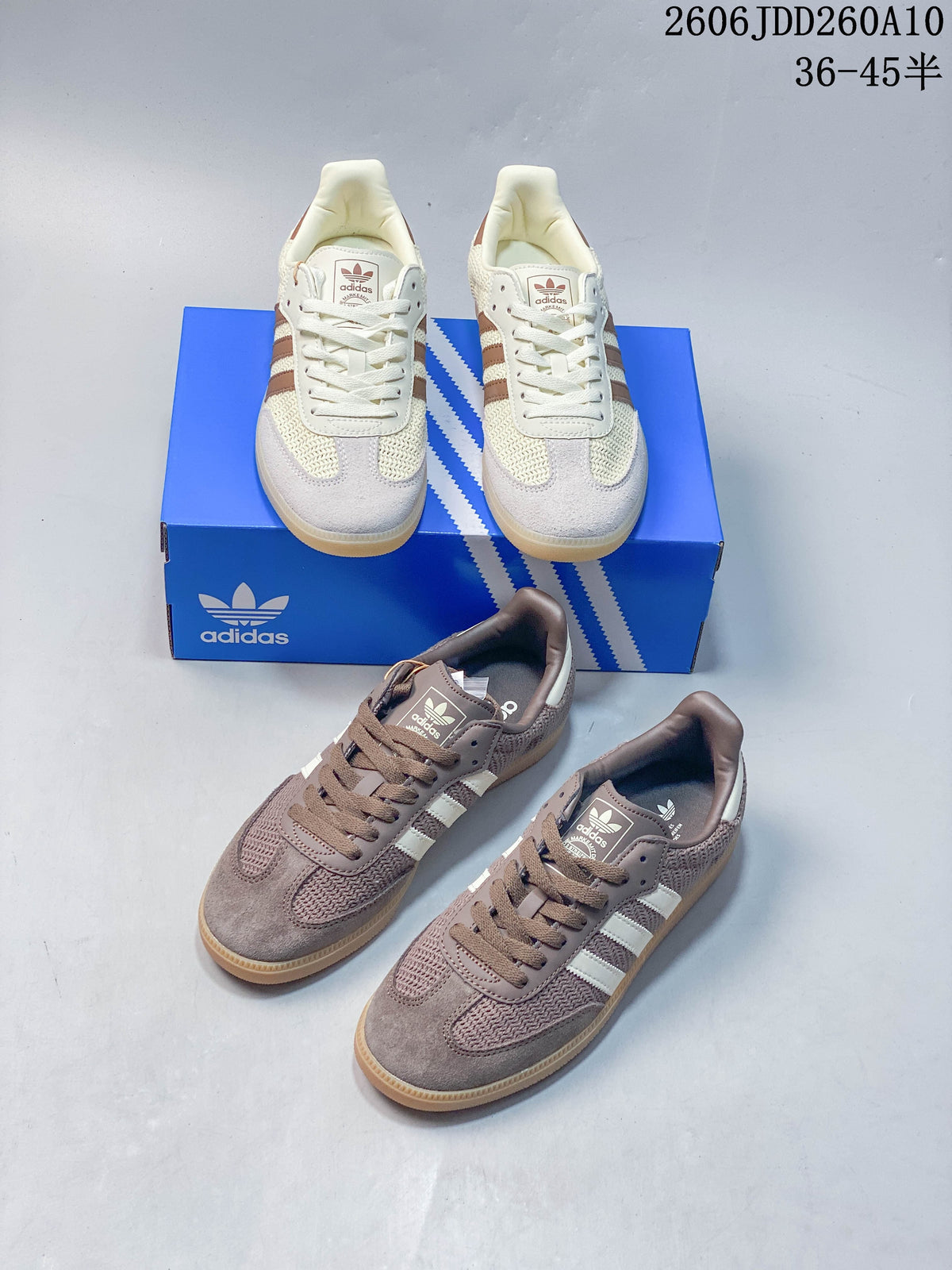 Beige and brown Samba OG sneaker color variations shown together