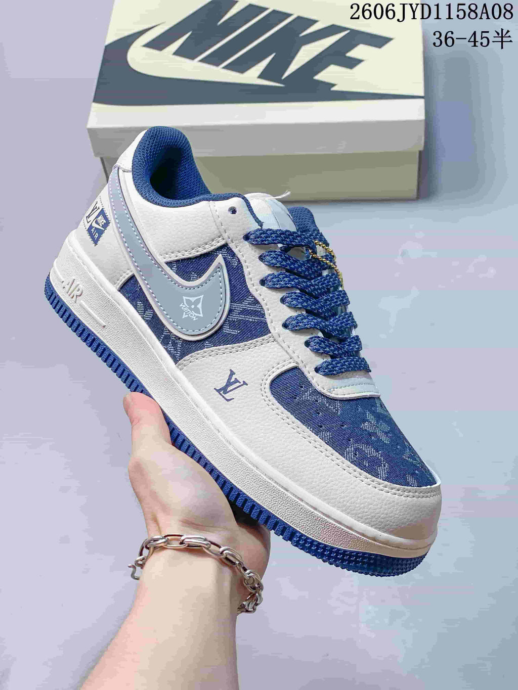Close side view of a blue and white patterned low-top sneaker