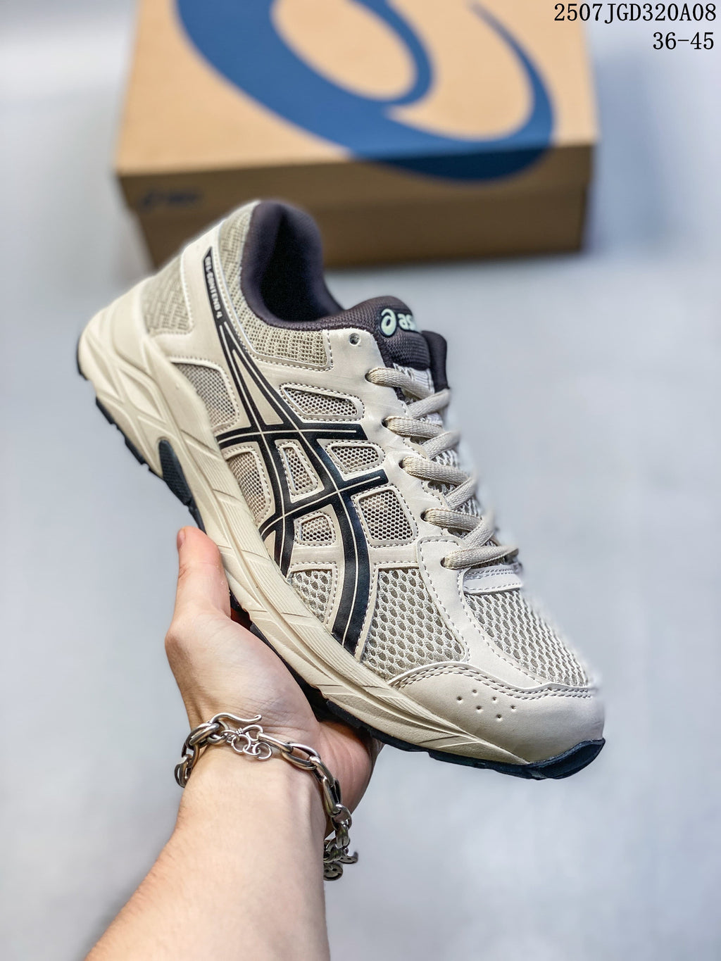 Angled side view of the ASICS Gel-Contend 4 in light gray and navy.