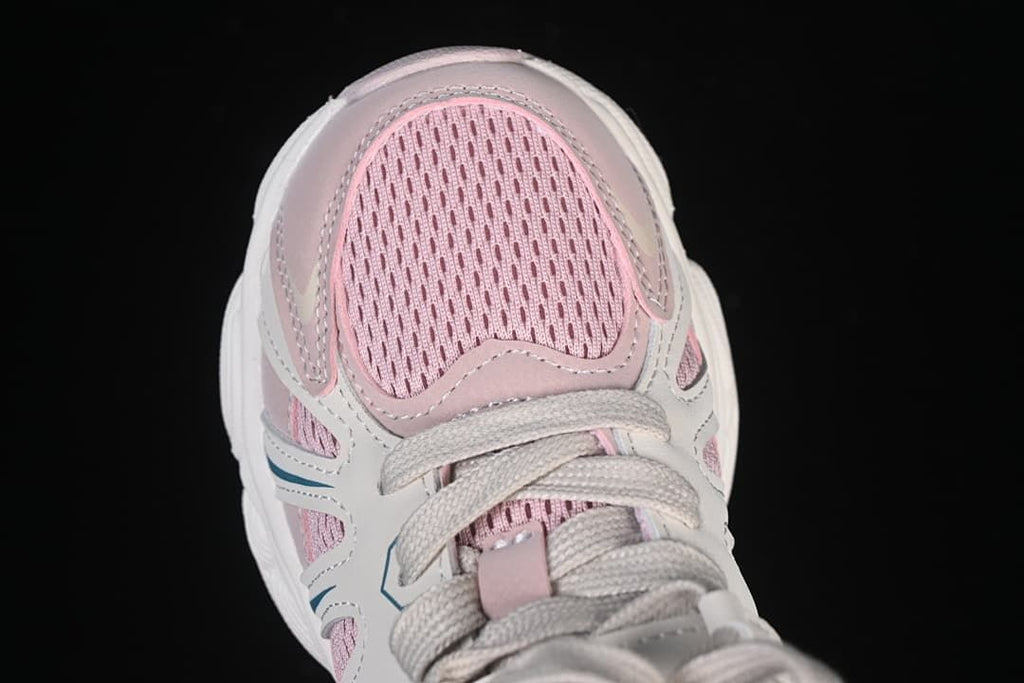 Top-down close-up of the pink mesh-look toe and laces