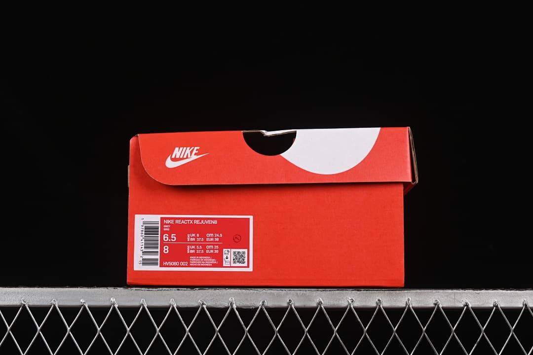 Box label identifying Nike ReactX Rejuven8, style HV5060-002, with sample size information