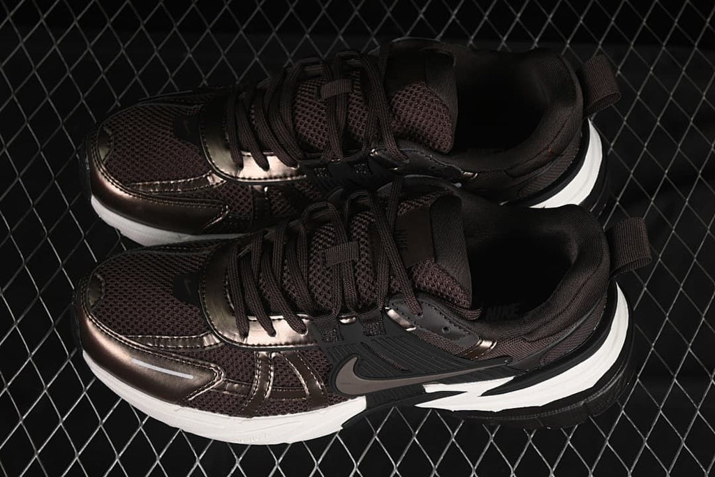Pair of dark brown Nike V2K Run sneakers viewed from above