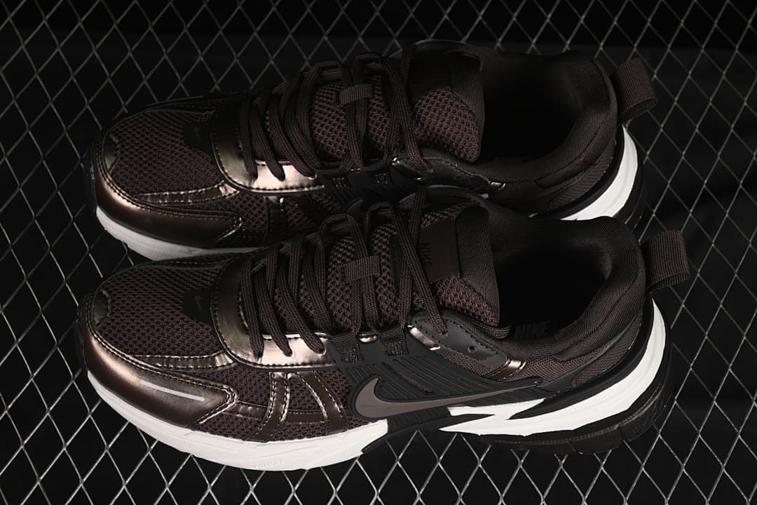 Pair of dark brown Nike V2K Run sneakers viewed from above
