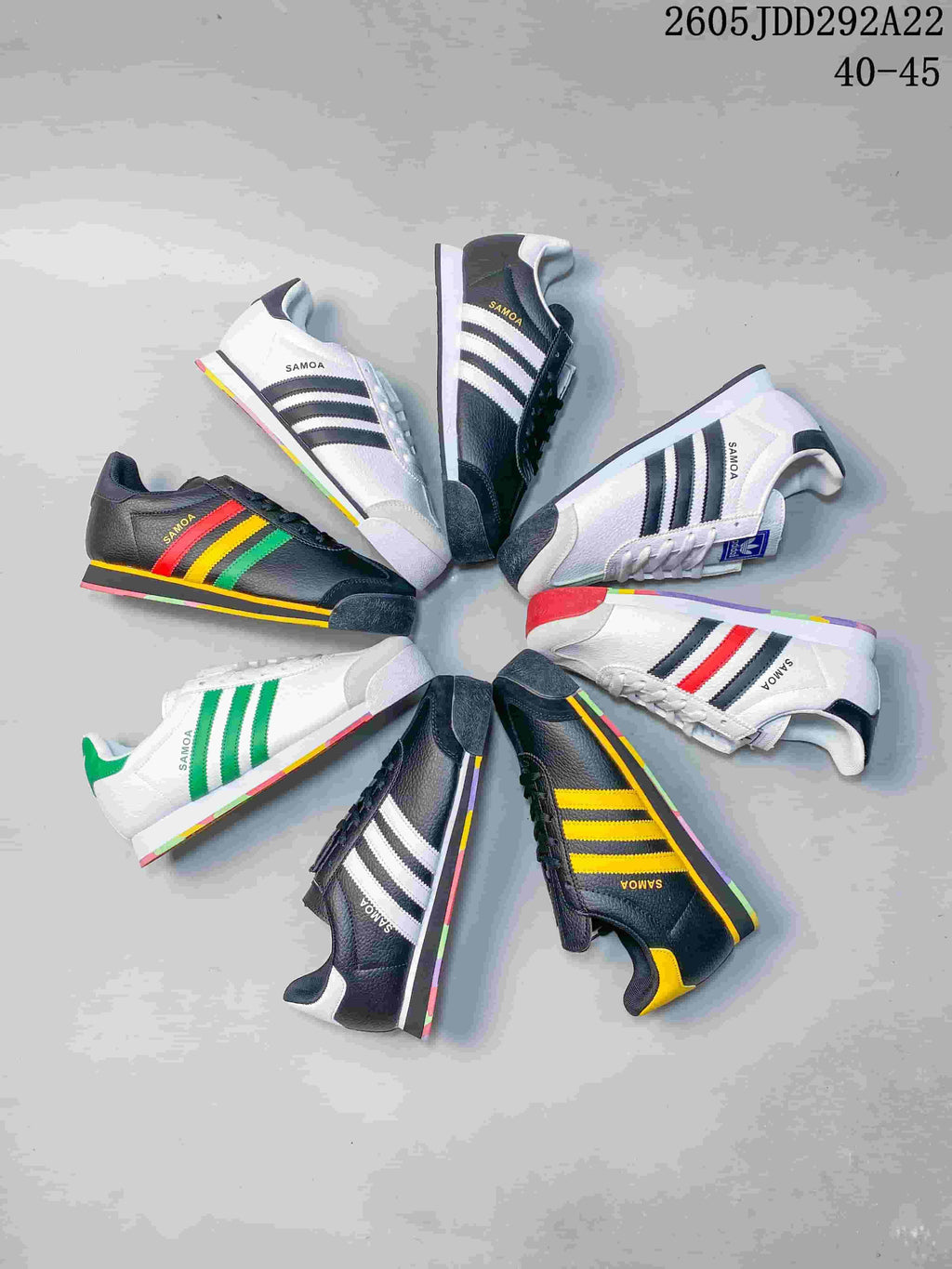 Several Adidas Samoa sneakers arranged in a circle, showing assorted dark and white colorways