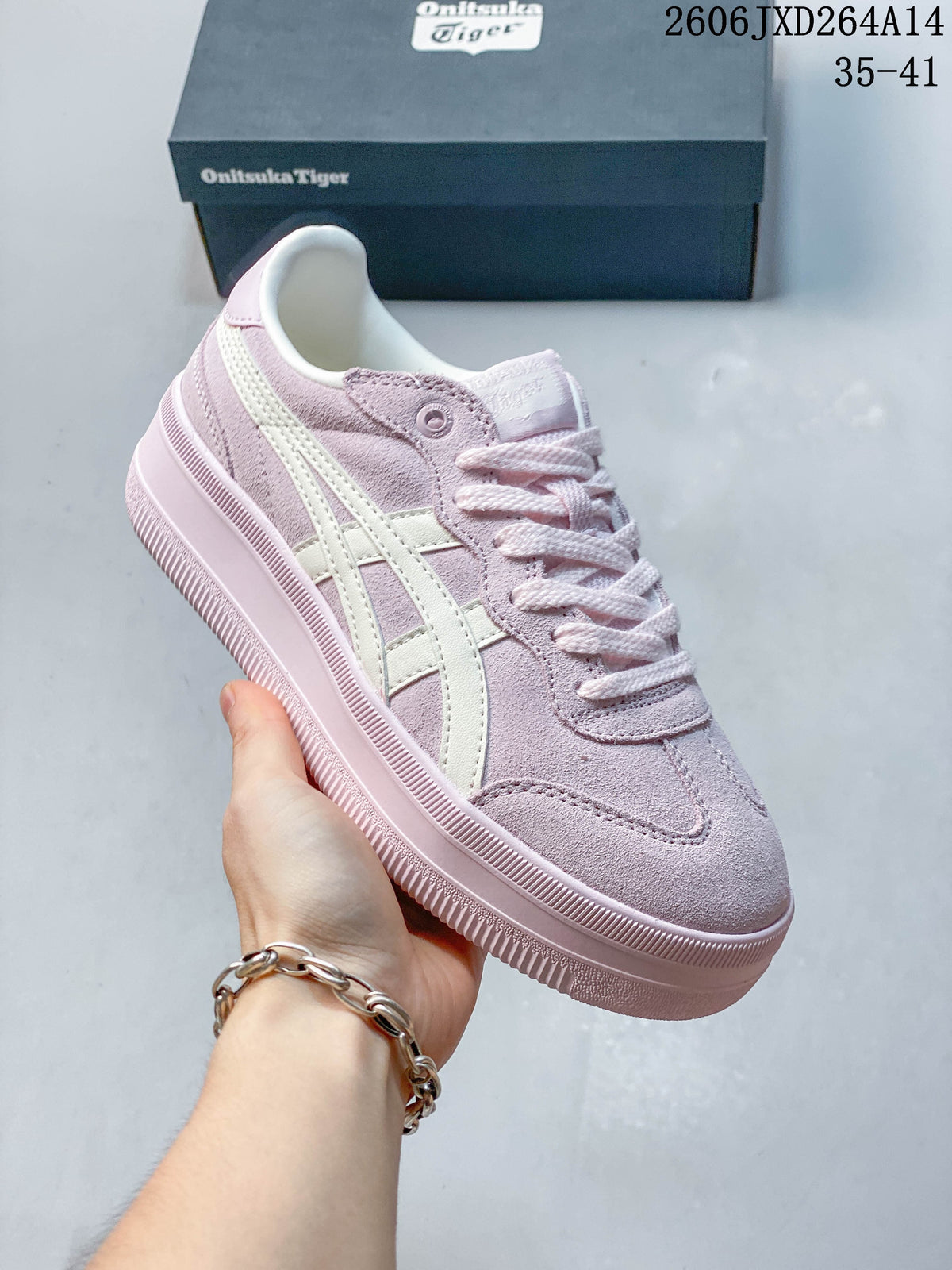 Close-up side view of pastel pink Onitsuka Tiger Tokuten Chunk sneaker