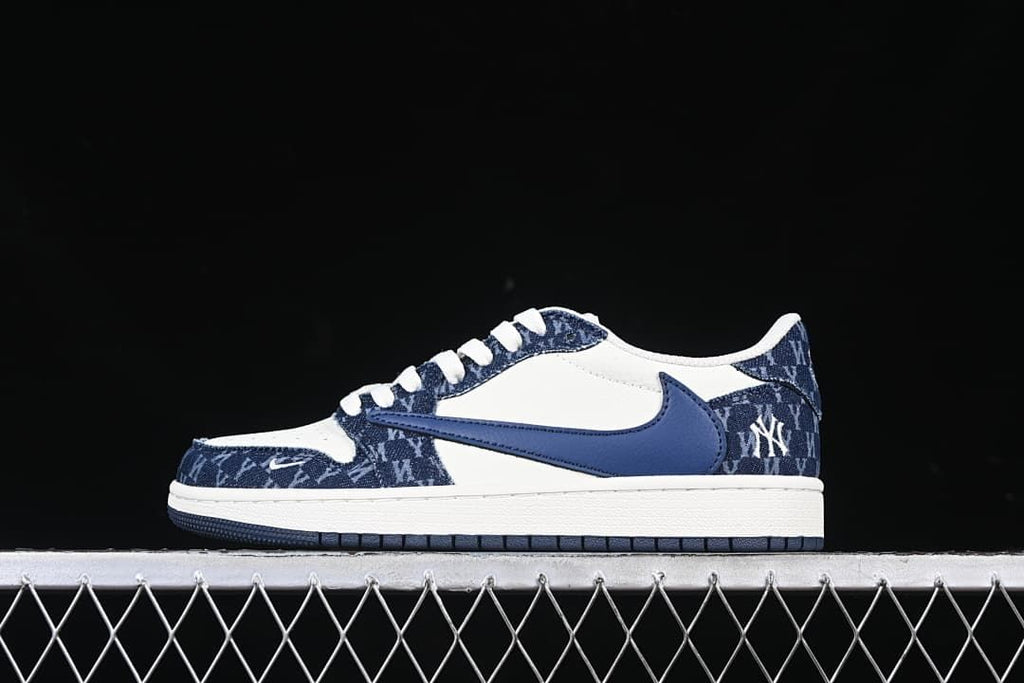 Side view of the white and navy patterned sneaker