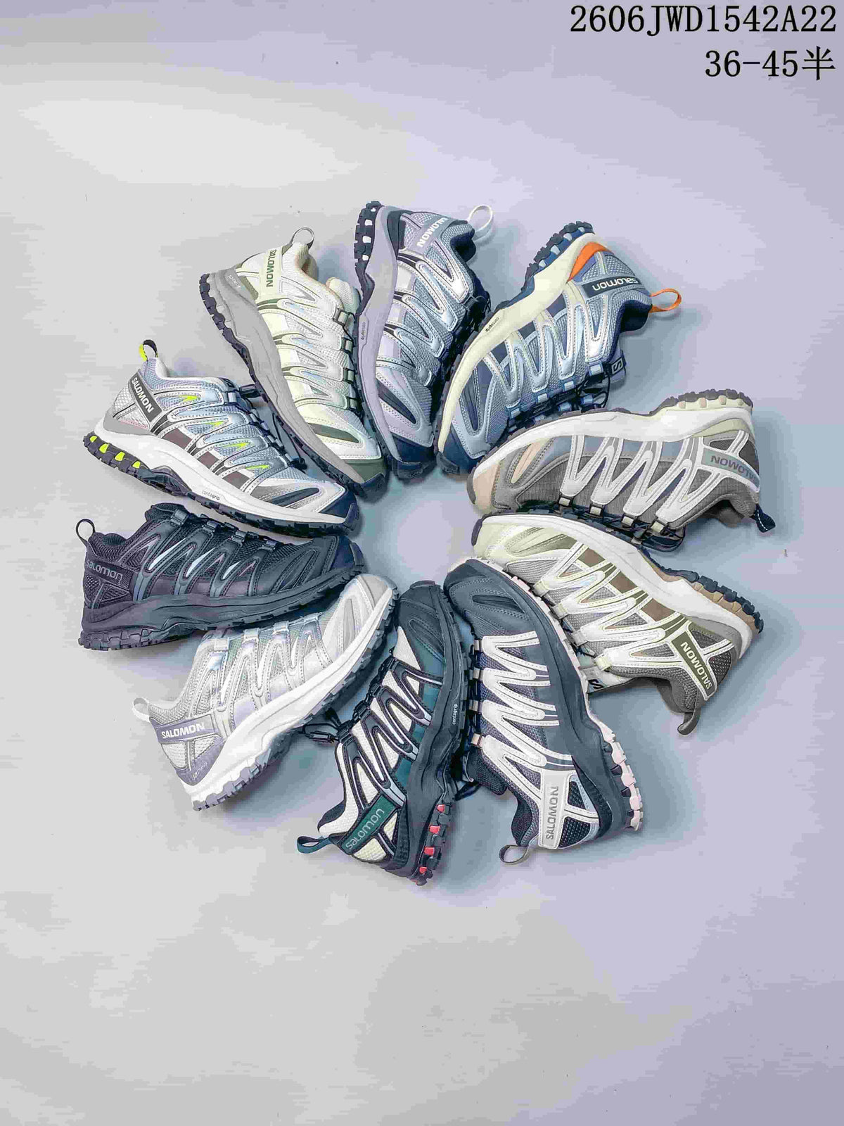 A group of Salomon trail-style sneakers shown in several colorways.