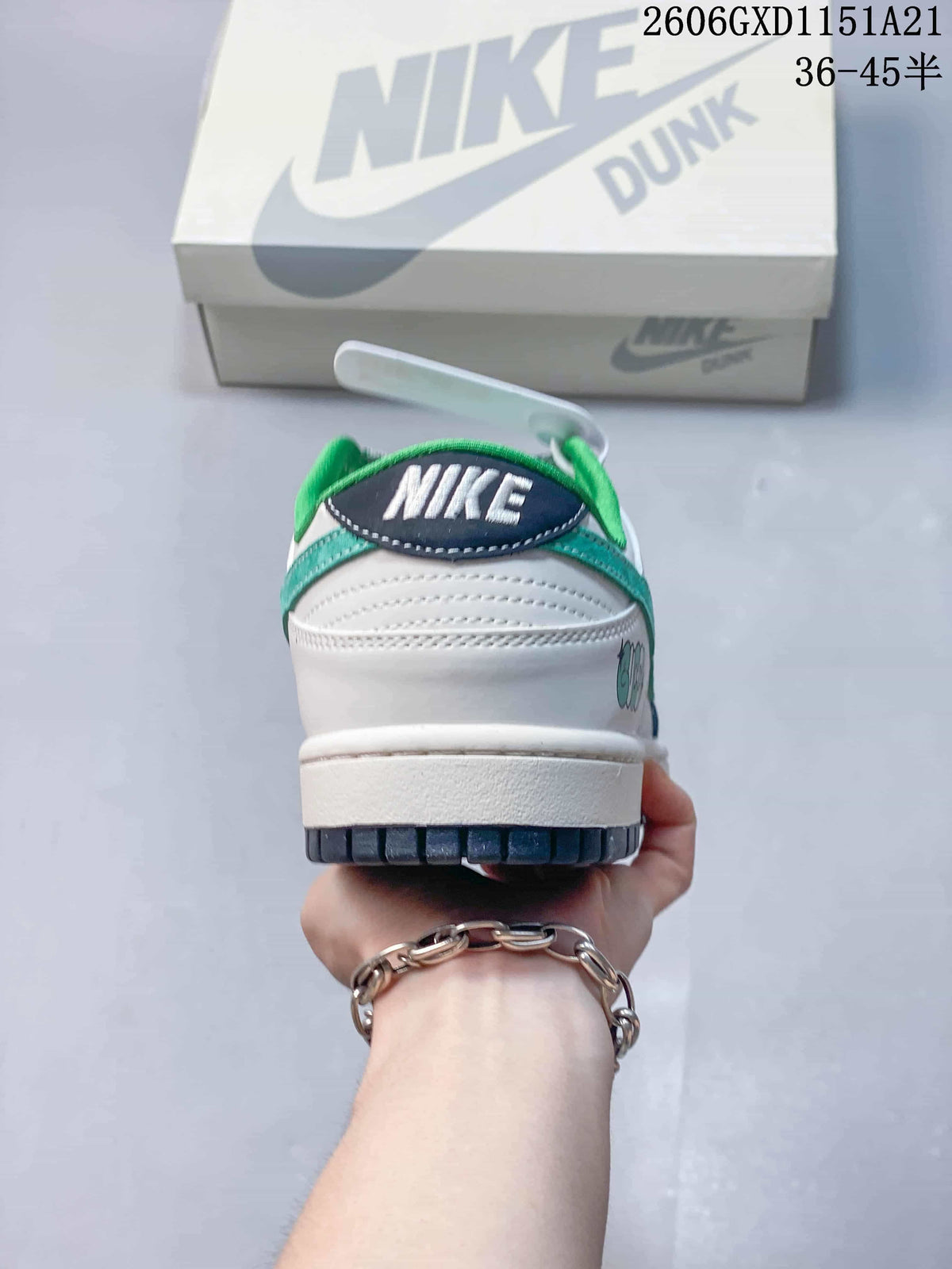 Rear view of the sneaker showing the heel and green collar lining