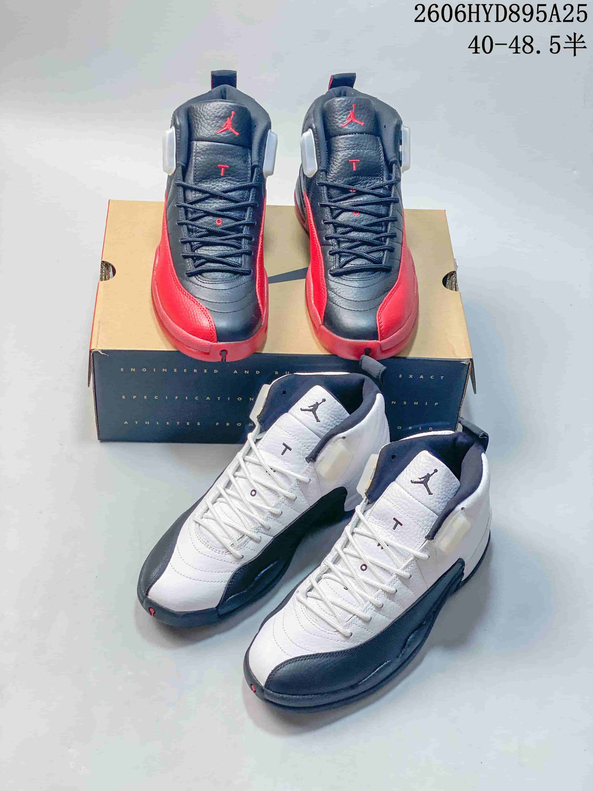 Black and red and white and black Jordan Air Jordan 12 high-top shoes arranged together; image includes a printed size range.