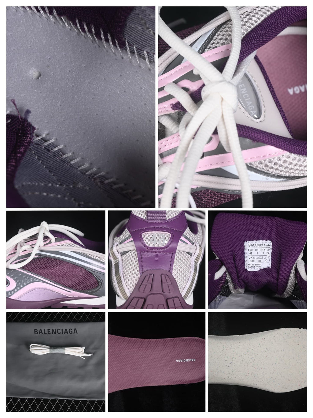 Collage showing upper stitching, tongue and heel details, interior branding, spare laces, packaging, and the outsole surface.
