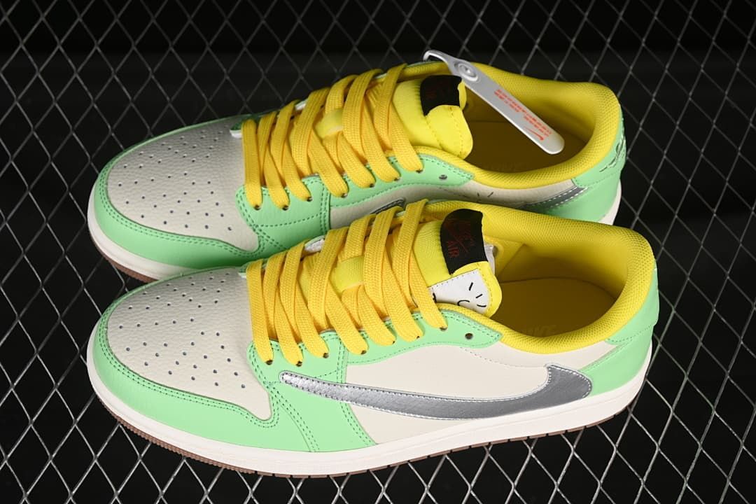 Top and side view of a pair of low-top sneakers in mint green, off-white, yellow, silver, and gum tones.