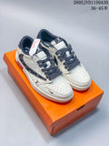 Pair of off-white low-top sneakers with pale patterned panels and dark braided laces, displayed on an orange box.
