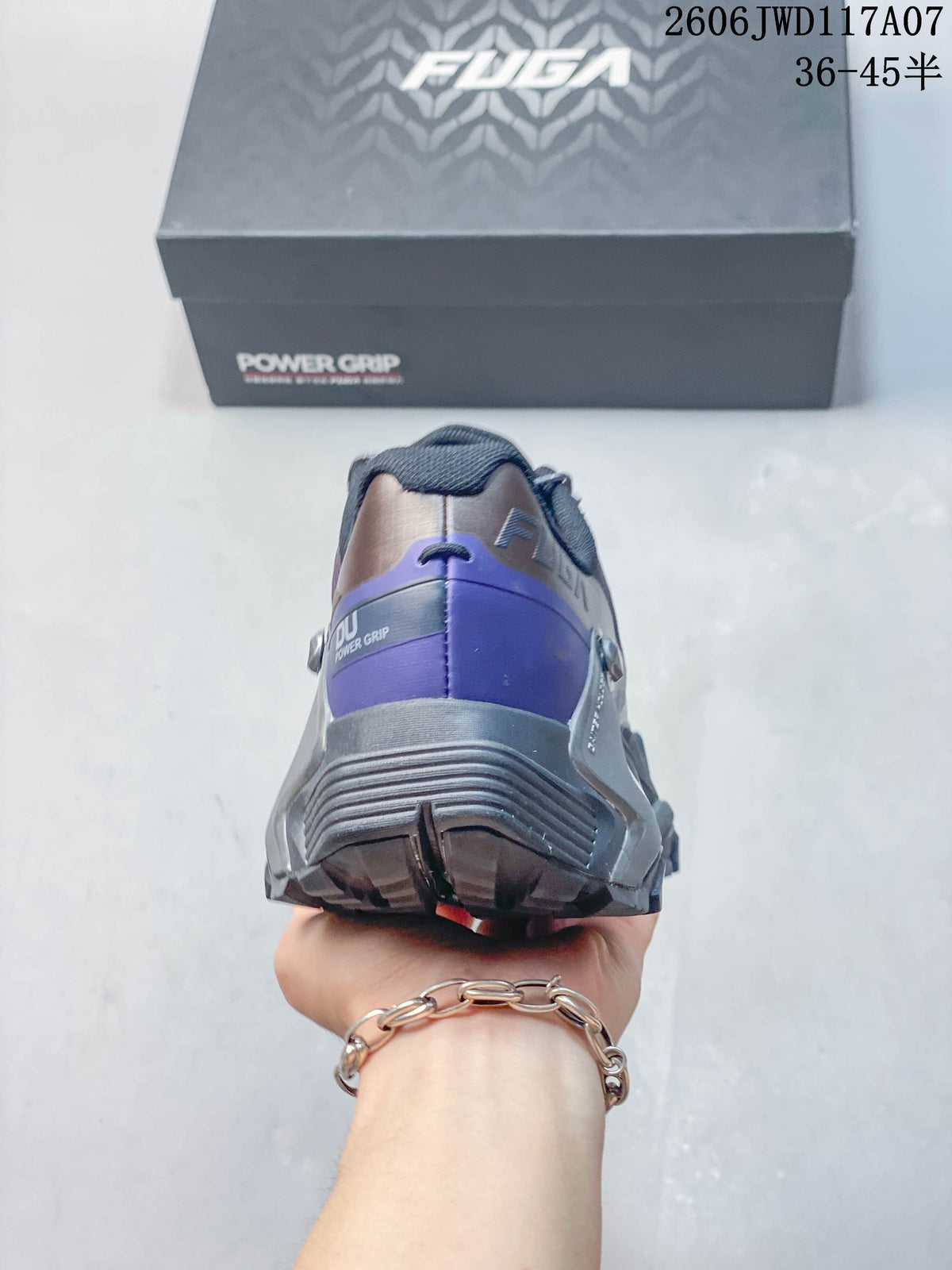 Rear view of a KAILAS FUGA DU 2 trail shoe with a purple heel panel and gray sole.