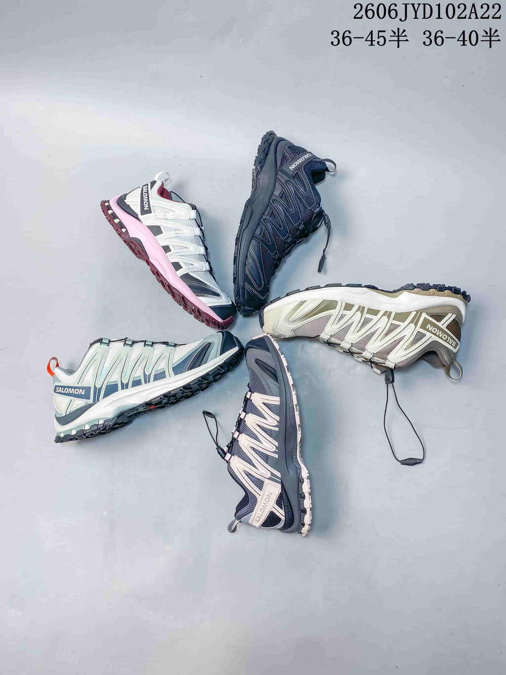 Five Salomon XA Pro 3D sneakers shown in different colorways