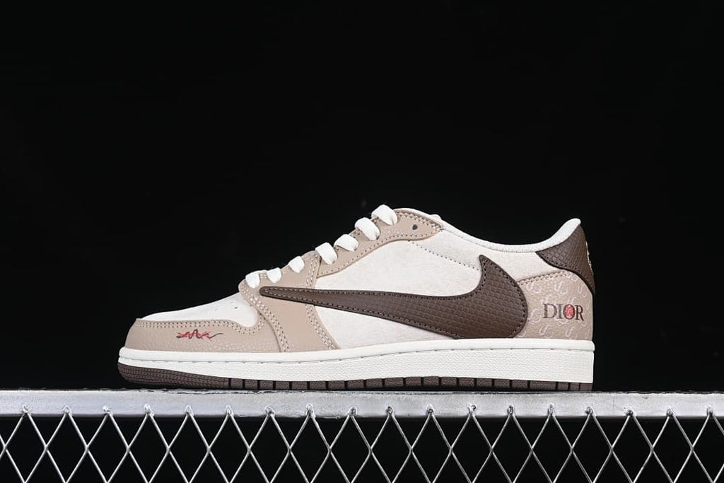 Side profile of the sneaker with beige panels, off-white sections, and a brown Swoosh.