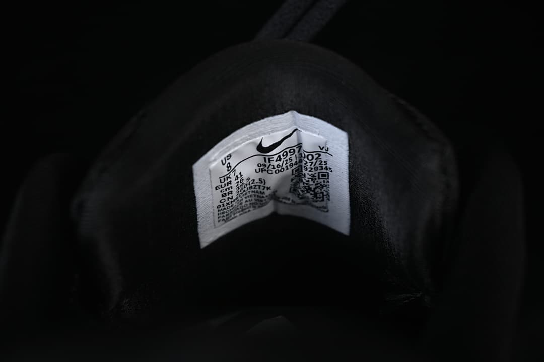 Close-up of the shoe's interior product label.