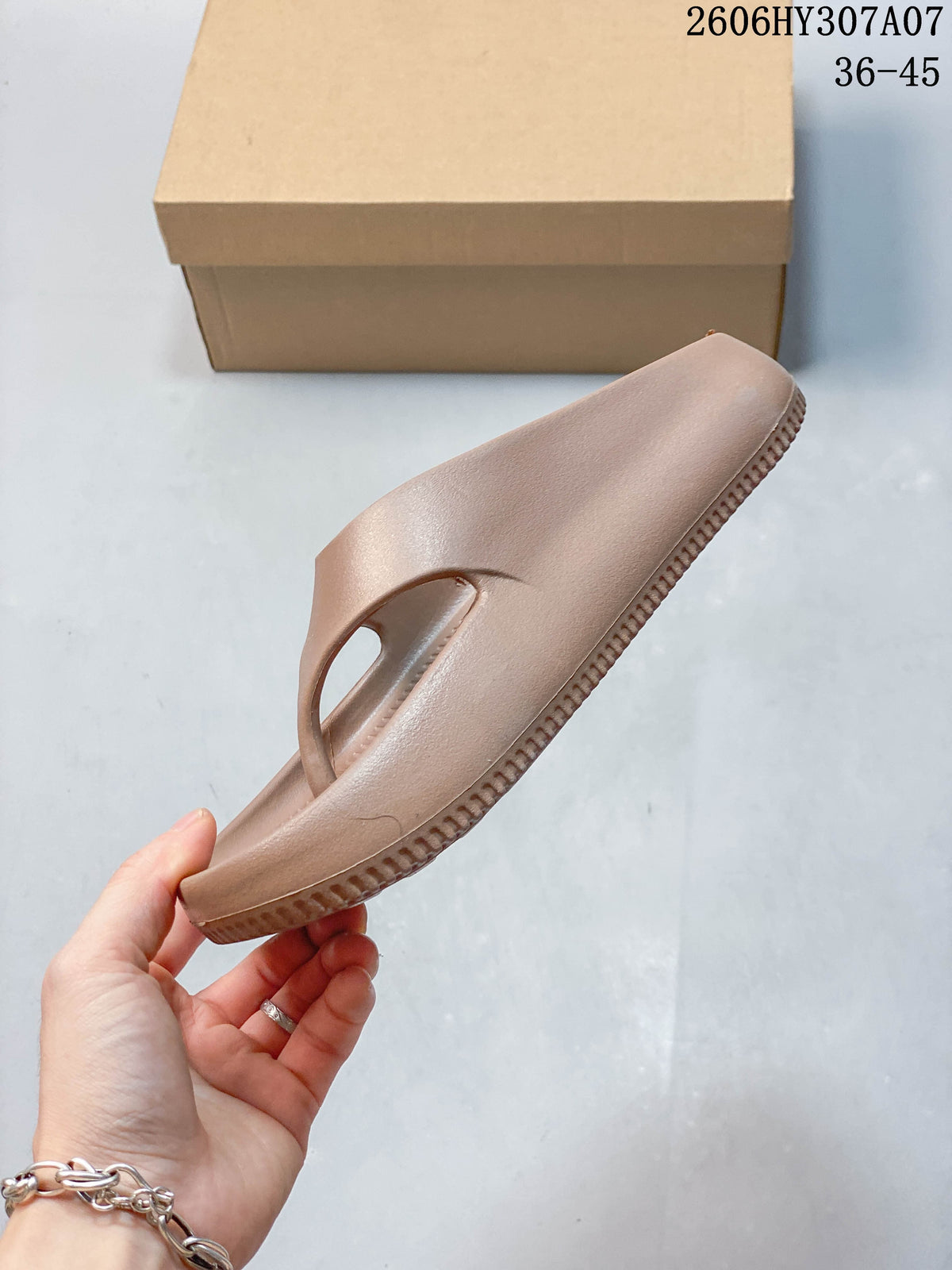 Side profile of a taupe thong-style slide sandal; image overlay shows sizes 36–45 and style code 2606HY307A07.