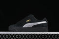 Side view of a black Puma Suede XL sneaker with a silver stripe and black sole.