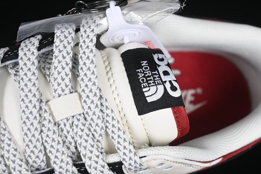Close-up of patterned laces and tongue label