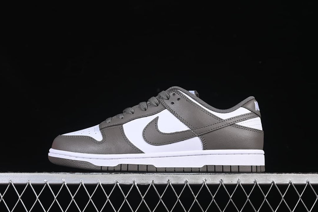Side view of grey and white Nike SB Dunk Low sneakers