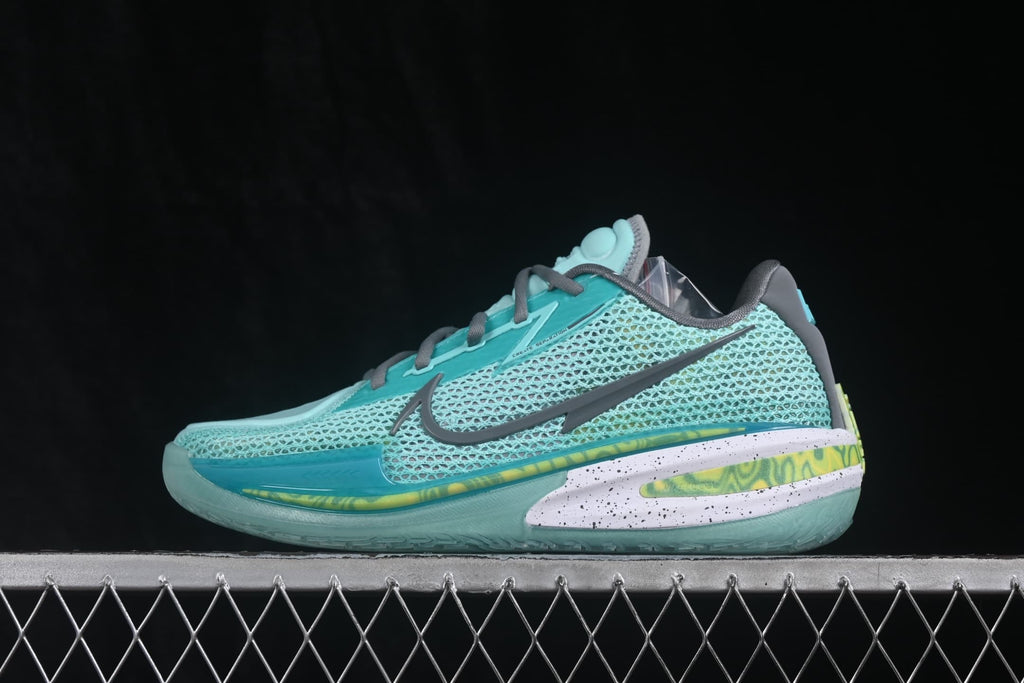 Outer side profile showing the large dark Nike Swoosh, textured upper, lime accent strip, and white-speckled midsole.