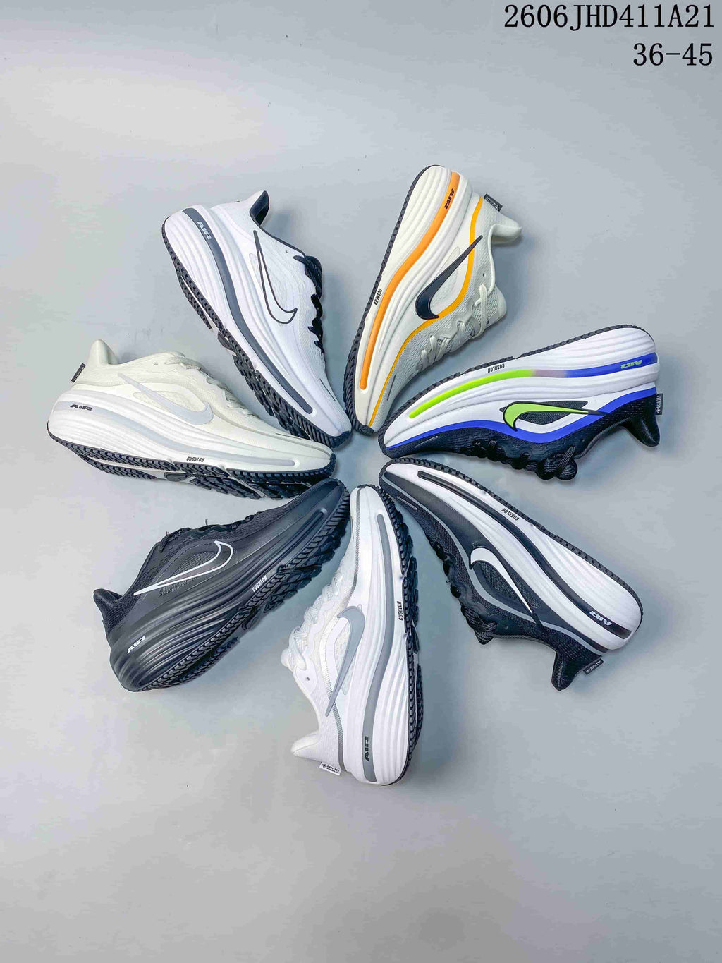 Multiple Nike Air Zoom Winflo 12 colourways arranged in a circle