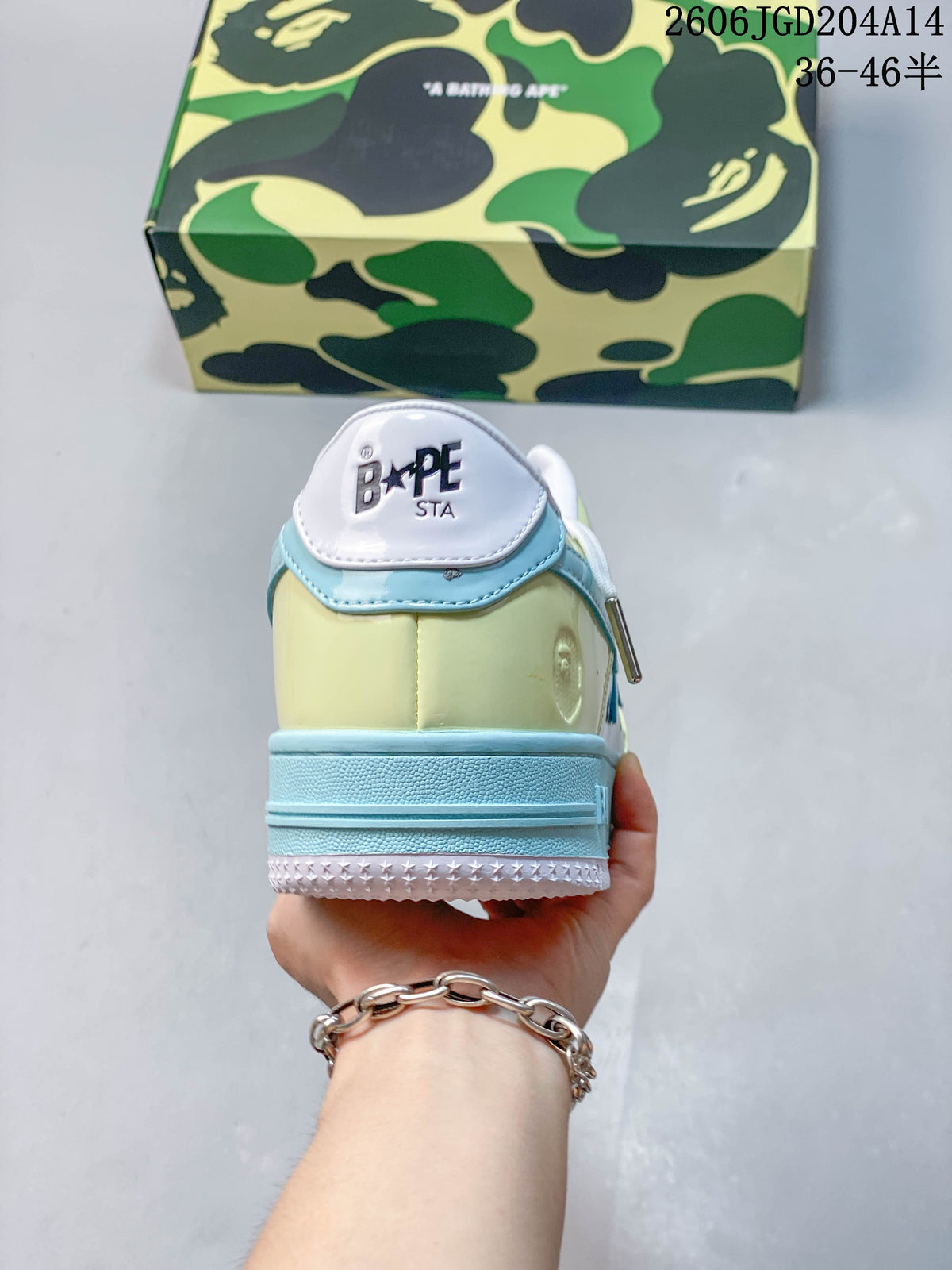 Rear view of the BAPE STA sneaker showing the heel panel and pale blue midsole