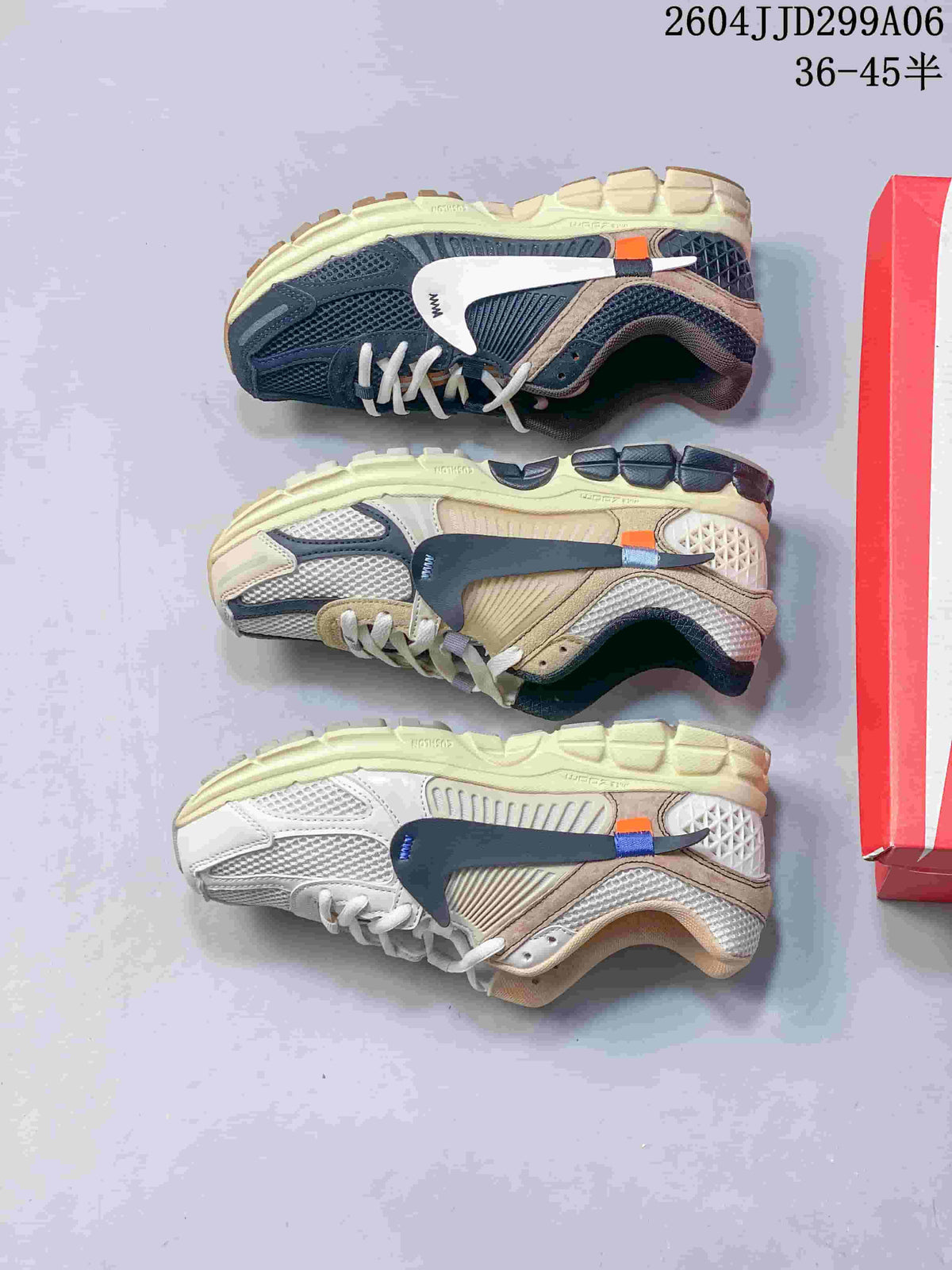 Three color variations of Nike Zoom Vomero 5 sneakers shown from the side.