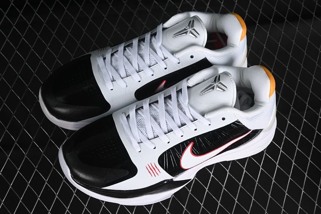 Pair of white and black Kobe 5 Protro shoes shown from above