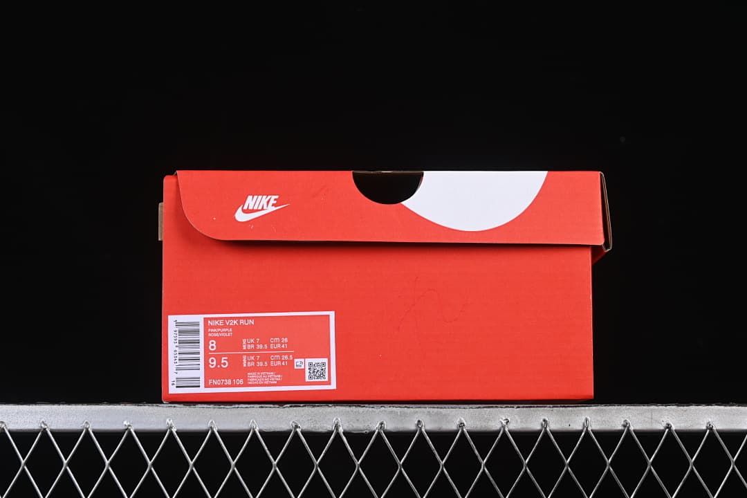 Shoebox label showing Nike V2K Run and style code FN0738-106