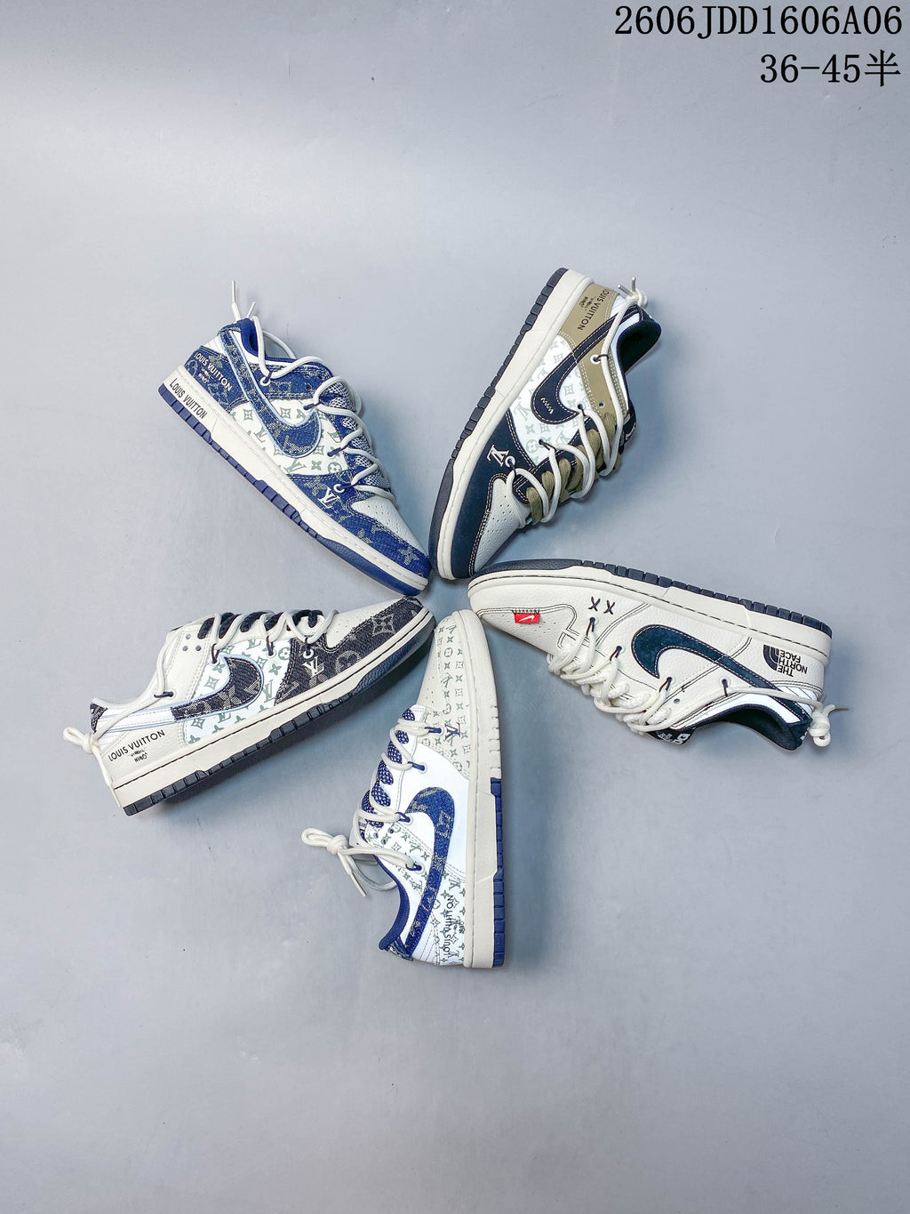 Several low-top sneaker color variations arranged together, including blue-patterned and cream-and-navy styles.