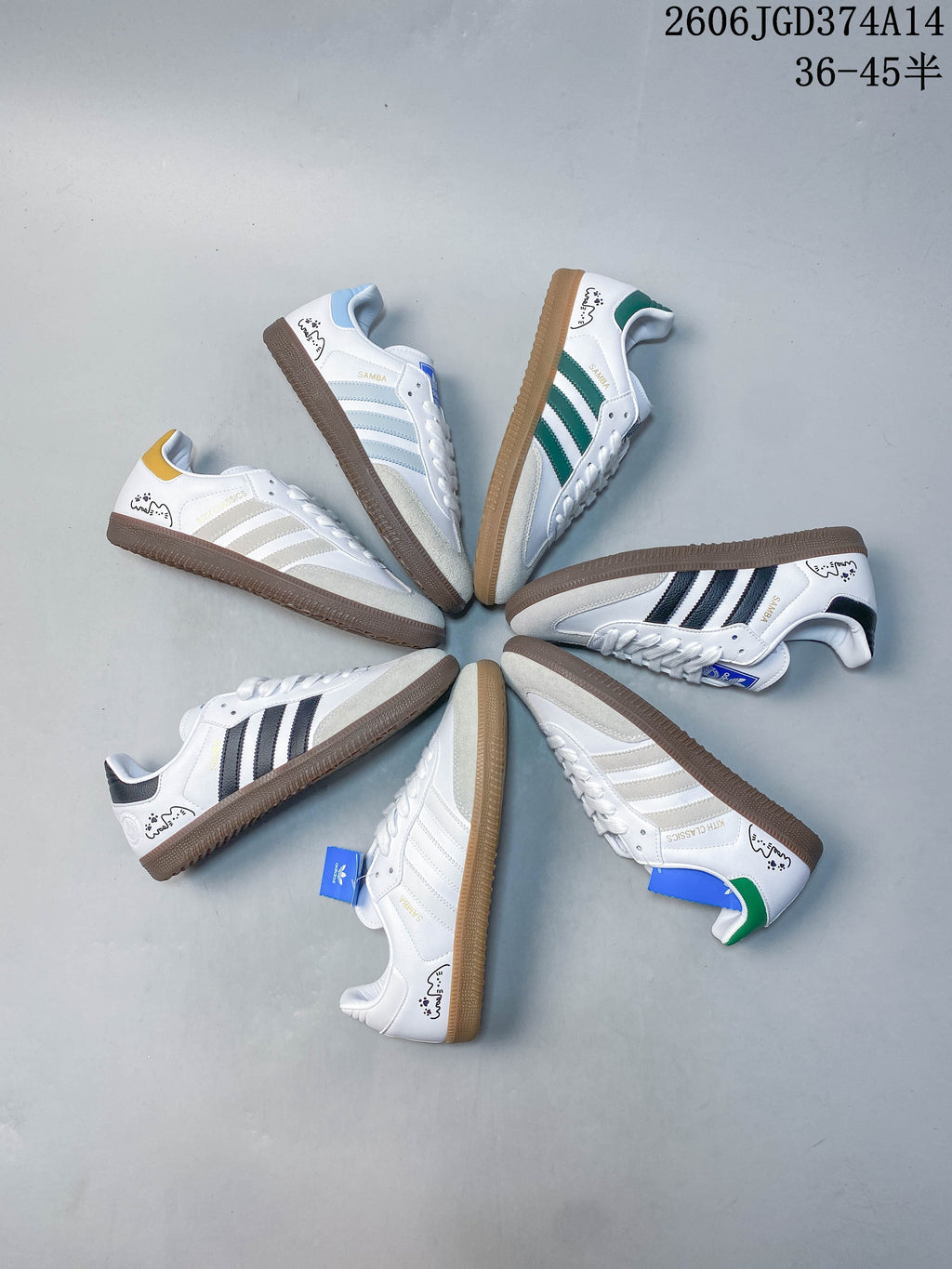 Several white low-top sneakers arranged in a circle, showing assorted stripe and heel accent colors.