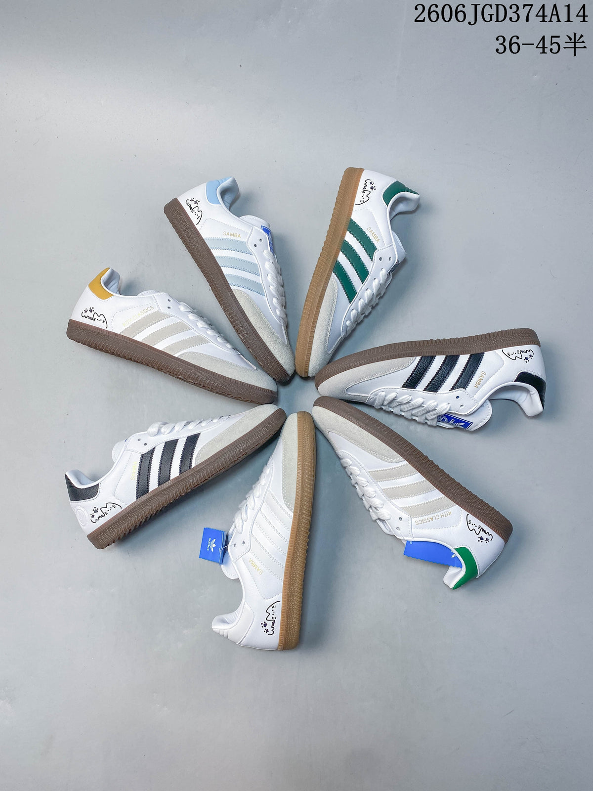Several white low-top sneakers arranged in a circle, showing assorted stripe and heel accent colors.