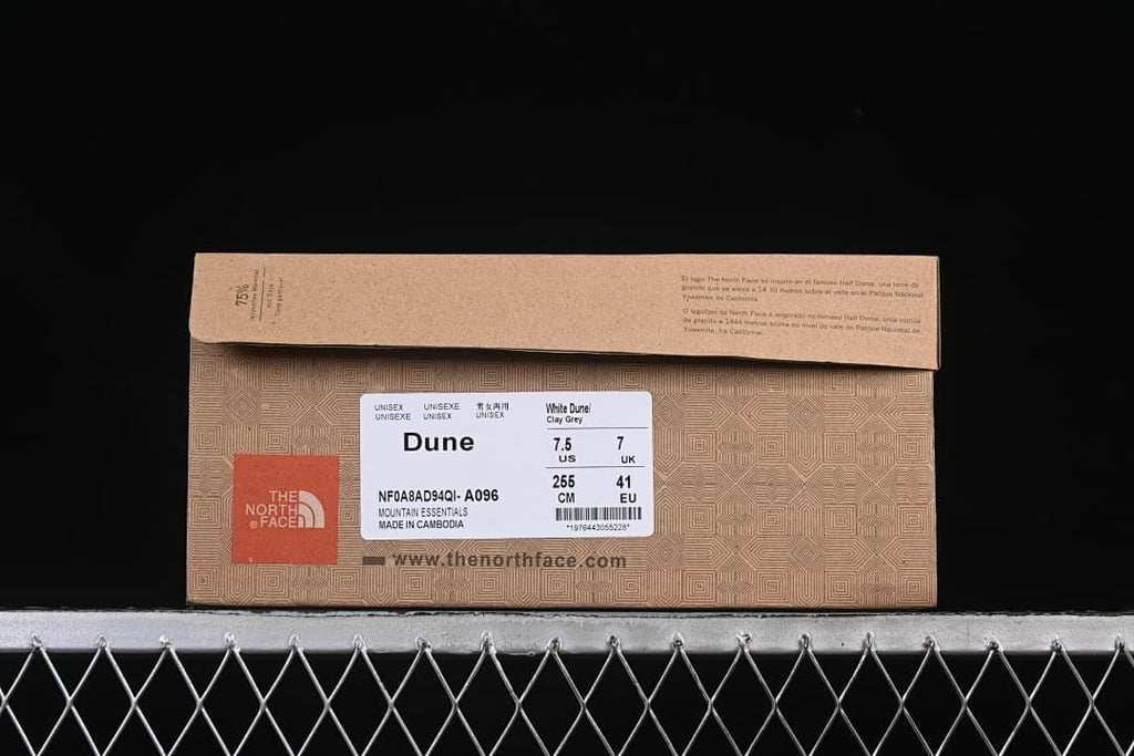 Shoebox label identifying Dune, White Dune and Clay Grey, with EU 41 sample size